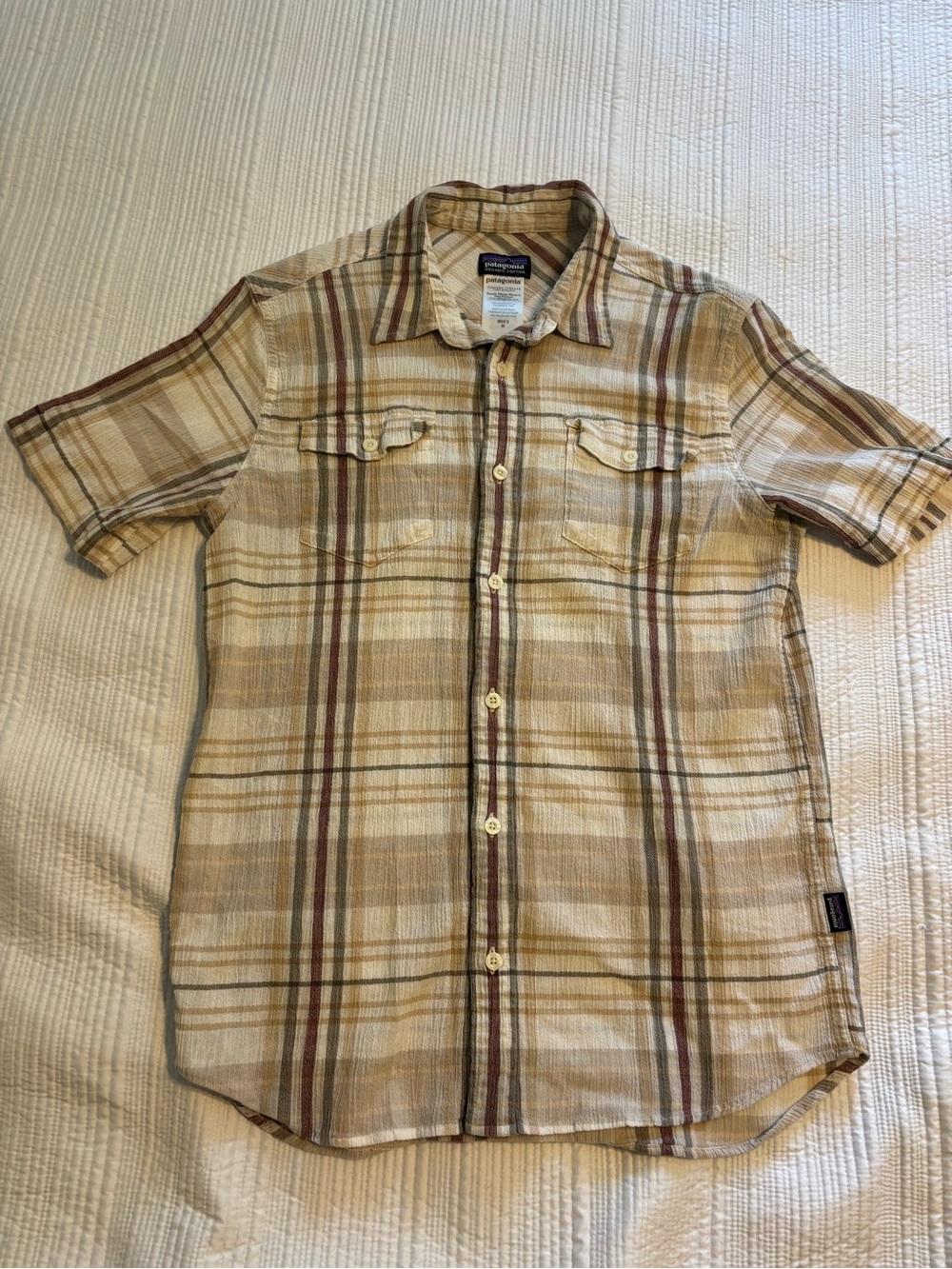 Patagonia Men’s Short-Sleeve Plaid Button-Down Shirt in Beige and Brown